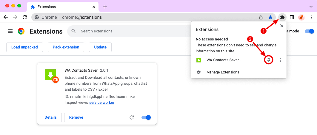 WA Contacts Saver chrome extension install pin